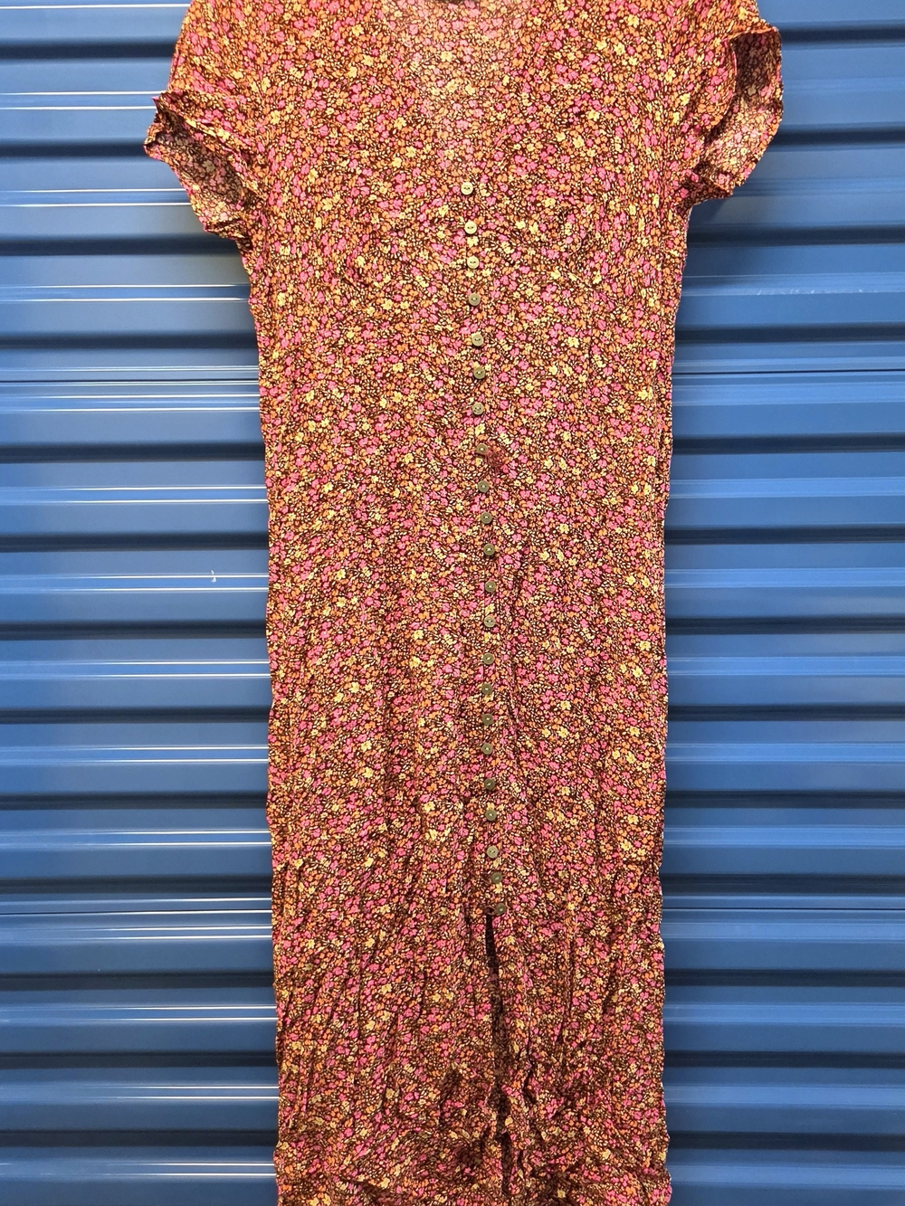 Lucky Brand Print Short Sleeve Button Front Midi Dress Pink & Brown Small Like